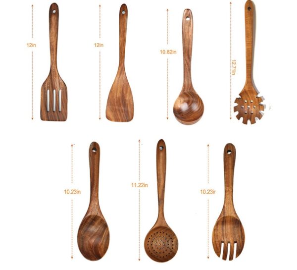 Wooden Kitchenware Suit Teak Long Handle Spoon Wooden Colander Non-stick Spatula - Image 4