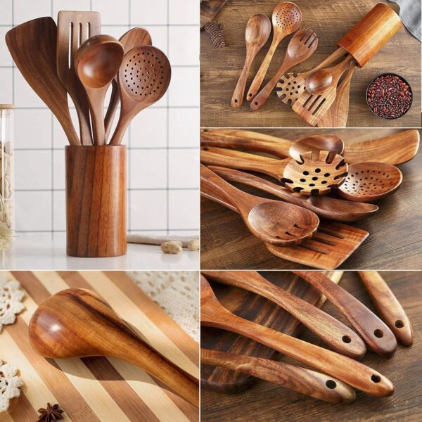 Wooden Kitchenware Suit Teak Long Handle Spoon Wooden Colander Non-stick Spatula - Image 3