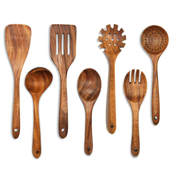 Wooden Kitchenware Suit Teak Long Handle Spoon Wooden Colander Non-stick Spatula - Image 10